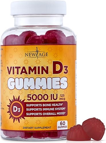 NEW AGE Vitamina D3 5000 UI 125 mcg gomitas Apoya el apoyo inmunológico, fuerte salud ósea, sin OMG, sin gluten, sin lácteos, sin gelatina (60