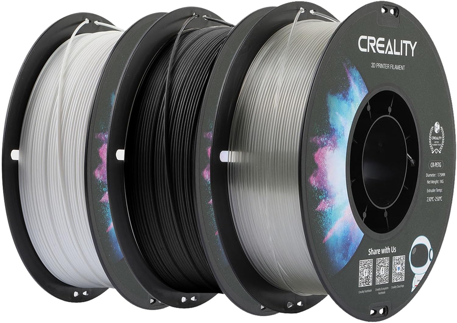 Creality 3D Printer Filament Bundle, 3-Pack PETG Filament 1.75mm, PETG White, Black, Transparent, 3D Printing Filament 1kg X 3 Spools