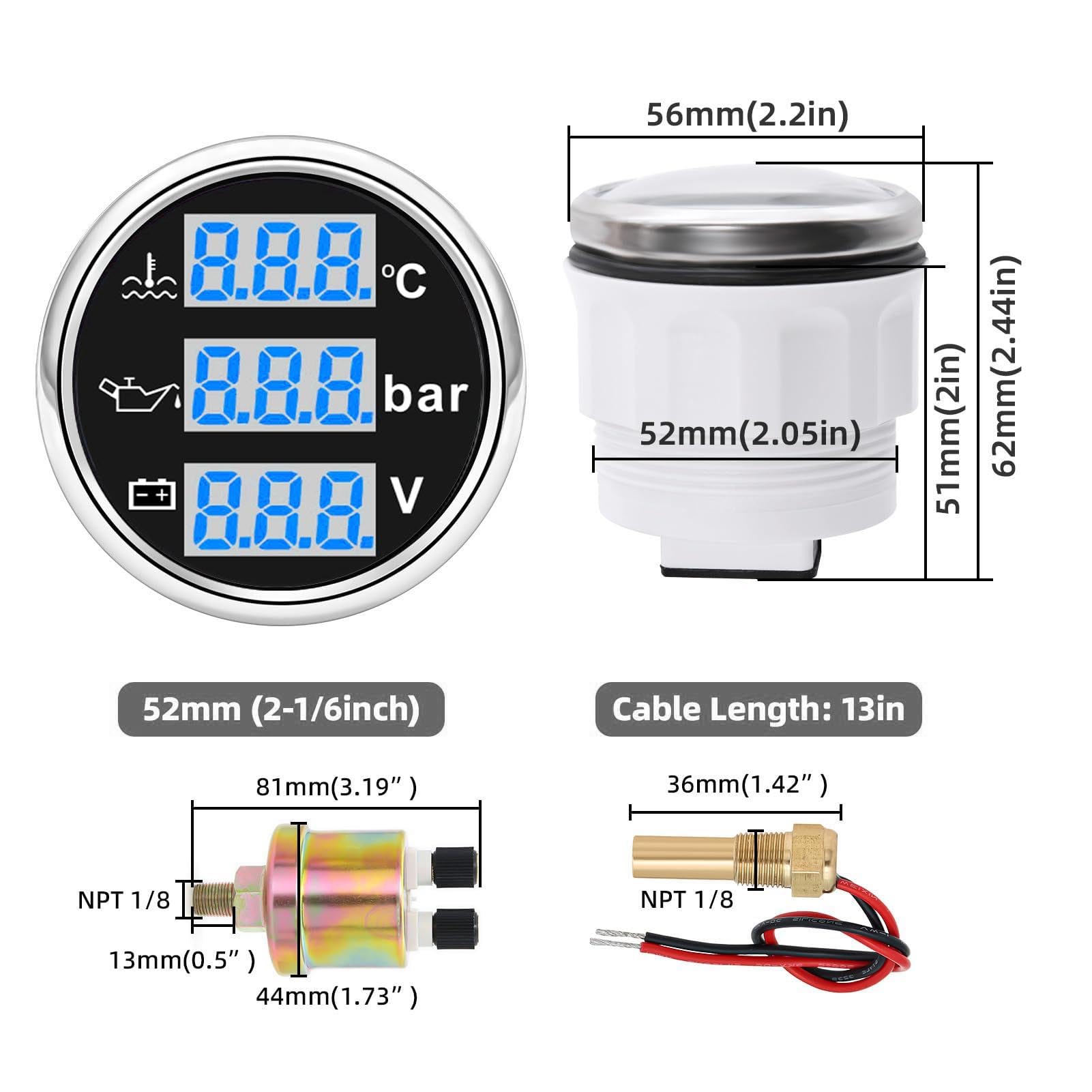 3 in 1 Auto -Meeresmessgerät, 52 Mm Dreifachmessgeräte Wassertemperaturmesser ° F Öldruckmesser Psi Voltmeter, Instrumentensensor -Kit Für LKW (Schwarzes Silberabdeckung)