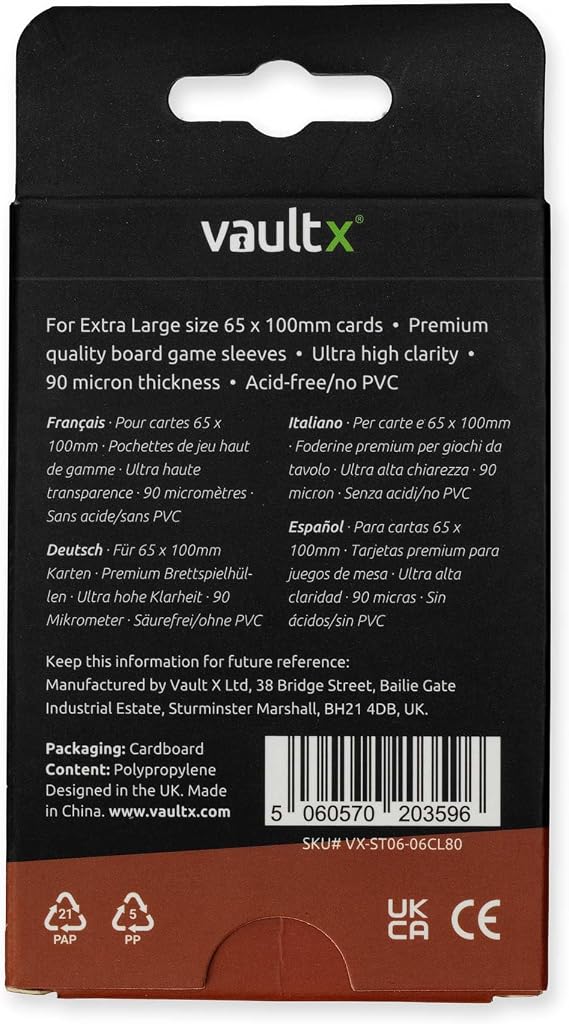 Vault X Extra Large Board Game Sleeves (80 Pack) 67 x 102mm Clear