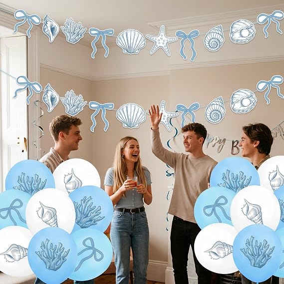 The Summer I Turned Pretty Shells TSITP Decorations, Sky Blue Bunting and Sea Shells for Ocean Theme Parties, Set of 2 Paper Banners with 16 Balloons for Beach Weddings and Coastal Home Decor