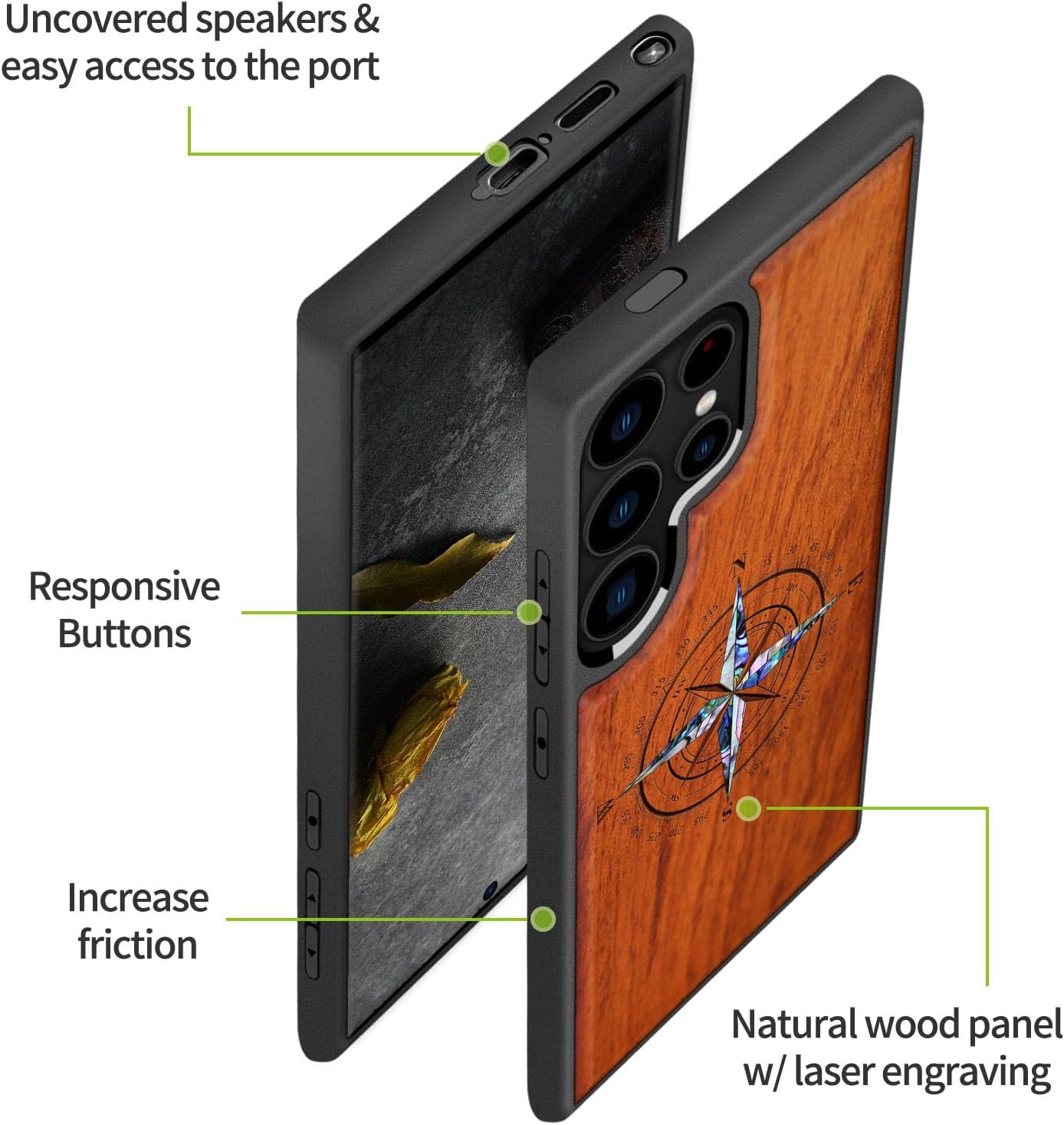 Carveit Designer Wooden Case for Samsung Galaxy S24 Ultra Case [Wood Engraving & Shell Inlay] Compatible with Wireless Chargers S24 Ultra Cover (Shell Compass-Rosy)