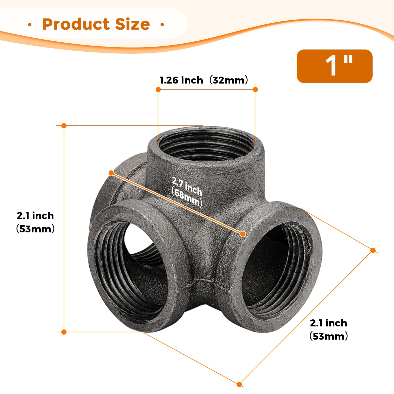 Accesorios de tubería de 1 pulgada, salida lateral de 4 vías, paquete de 10 accesorios de tubería roscada de hierro fundido maleable para soporte de estantes de tubería industrial,