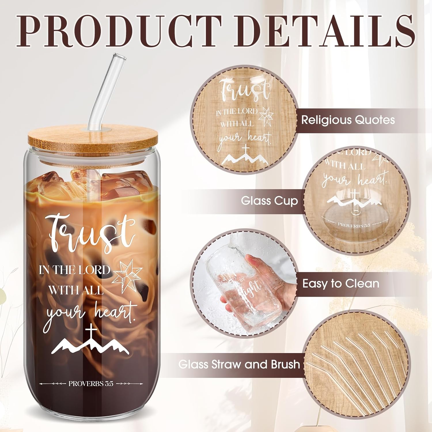 Skylety 16 Sets Christian Glass Cups with Lids and Straws Brushes 16 oz Iced Coffee Cups Inspirational Water Bottle Christian Tumbler Drinking for Women Men Coworkers - Image 4