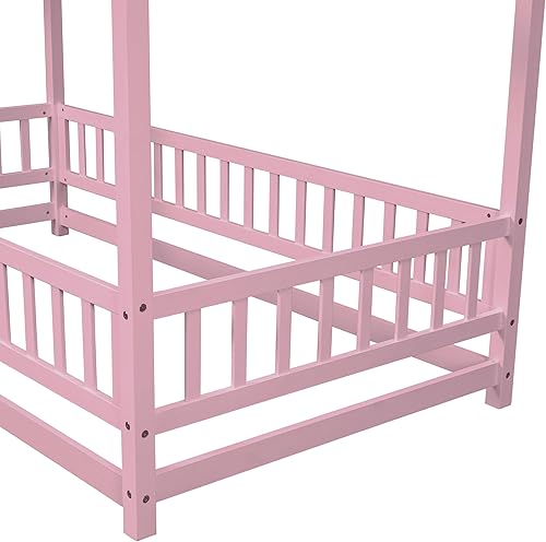 Miniatura 103 de Bellemave Cama Montessori de madera con valla y techo para niños, marco de cama individual para niños, niñas (individual, blanco)