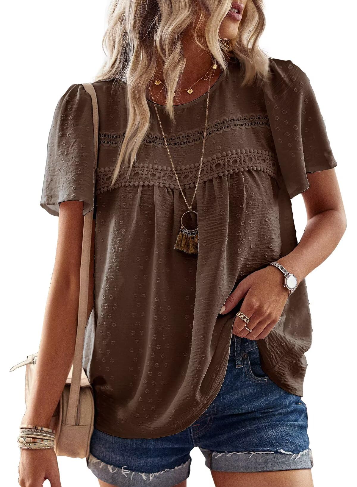 TUUHAW T-Shirt da Donna Pizzo Manica Corta Magliette con Scollo Estive Camicia Casual Abbigliamento Boho Top Maglie Tunica
