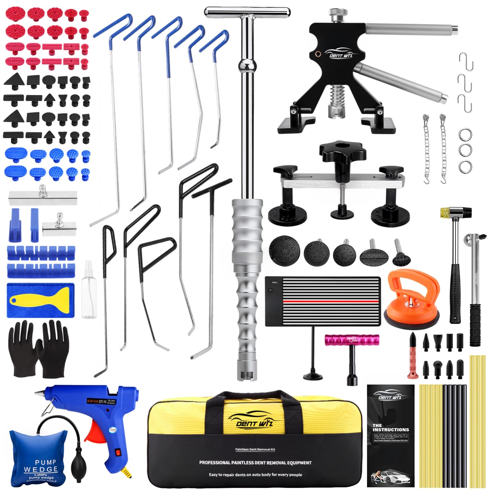 Dellen Reparaturset Auto, Ausbeulwerkzeug mit PDR Stangen, LED PDR Lampe Verstellbar, 2-in-1 T-Griff Abzieher, Leichter Beulenheber & Brückenzieher für Hagelschäden und Beulen