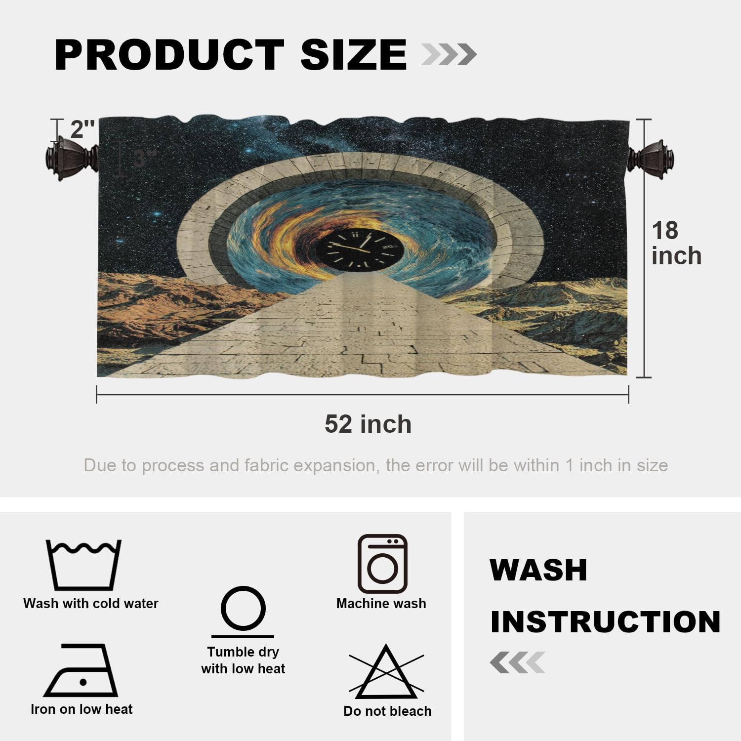 Batmerry Space Time Stargate Clock Tunnel Thermal Insulated Valances for Windows,Time Tunnel Space Journey Kitchen Curtains and Valances Set Blackout Short Valance for Bathroom, 2 Pack 52X18 Inches