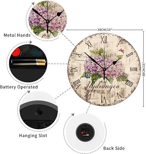 Miniatura 2 de Reloj de pared decorativo de 15 pulgadas, hortensias moradas, plantas y mariposas, reloj de madera rústica, funciona con pilas, silencioso, sin