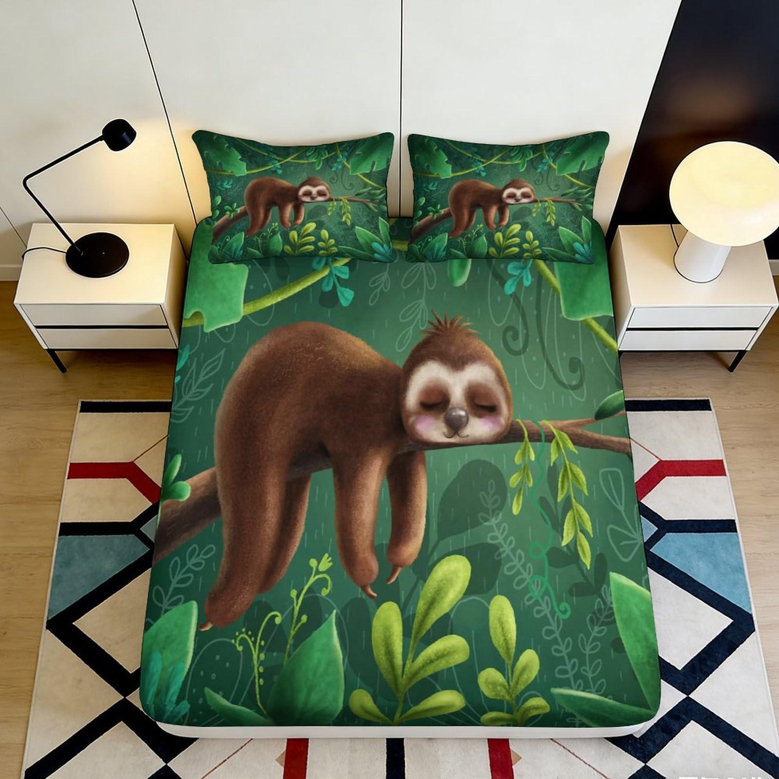 3D Printed Sloth Jungle Fitted Sheet Microfiber Non Slip Bed Cover Cartoon Forest Mattress Decor for Bedroom Guest Room 90x200x25cm
