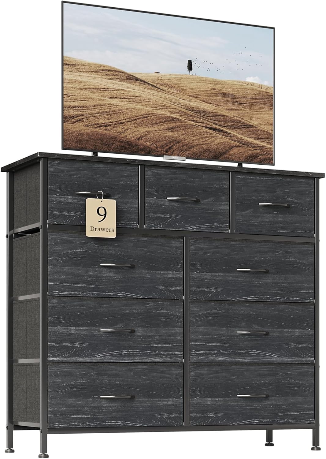 CAIYUN Chest of Drawers,Dresser for Bedroom with 9 Drawers,Fabric Dresser with Wood Top and Handles Metal Frame, Easy to Assemble, for Bedroom, Living room, Charcoal Black