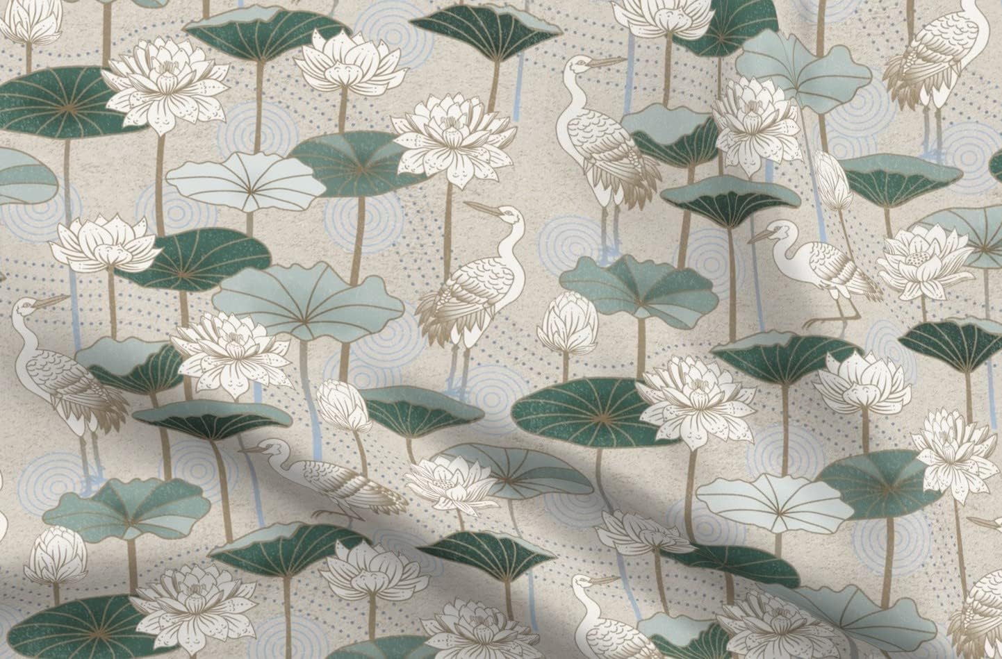 Spoonflower Fabric - White Lotus Cranes Green Asian Floral Birds Deco Printed on Upholstery Velvet Fabric Fat Quarter - Upholstery Home Decor Bottomweight Apparel