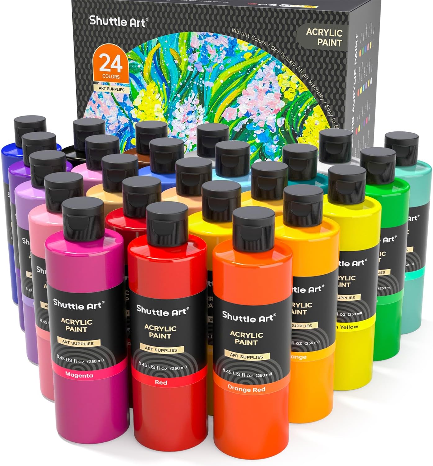 Shuttle Art Acrylic Paint, 24 Colors Acrylic Paint Bottle Set, 250ml/8.45oz Each, Rich Pigments, High Viscosity, Bulk Paint for Artists, Beginners and Kids Painting on Rocks Crafts Canvas Wood Ceramic
