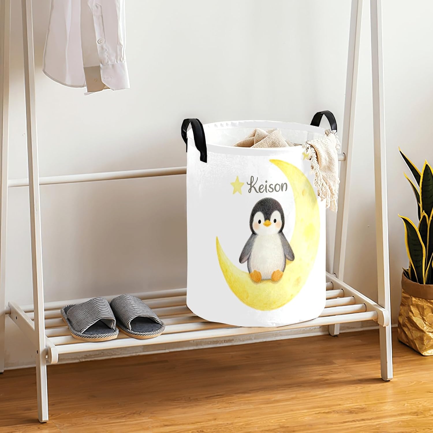 Cute Penguin on Moon Personalized Laundry Basket Custom Name Collapsible Waterproof Laundry Hamper Clothes with Handle for Bedroom Bathroom Nursery Decor