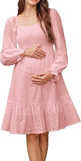 Womens 100% Cotton Square Neck Maternity Dress for Baby Shower Hollow Out Eyelet Smocked Tiered Midi Dresses 2025