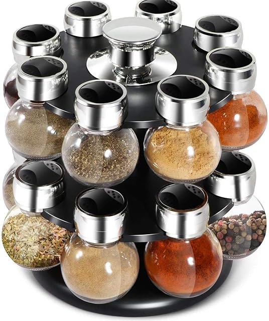 16-Jar Kitchen Spice Rack 3 Oz Glass Jars Orbit Spice Rack Jars with 2 Tier Revolving Countertop Carousel Herb