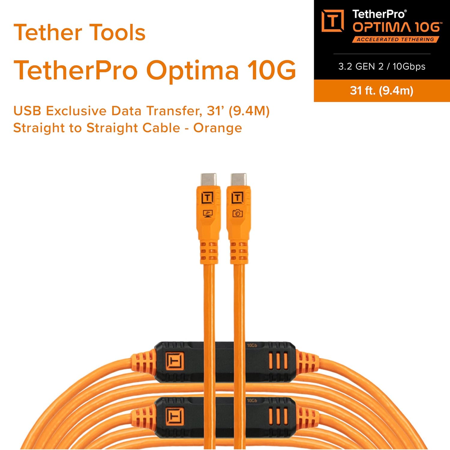 TetherPro Optima 10Gbps Gen 2 USB-C, 31' (9.4m), Straight to Straight, High-Visibility Orange