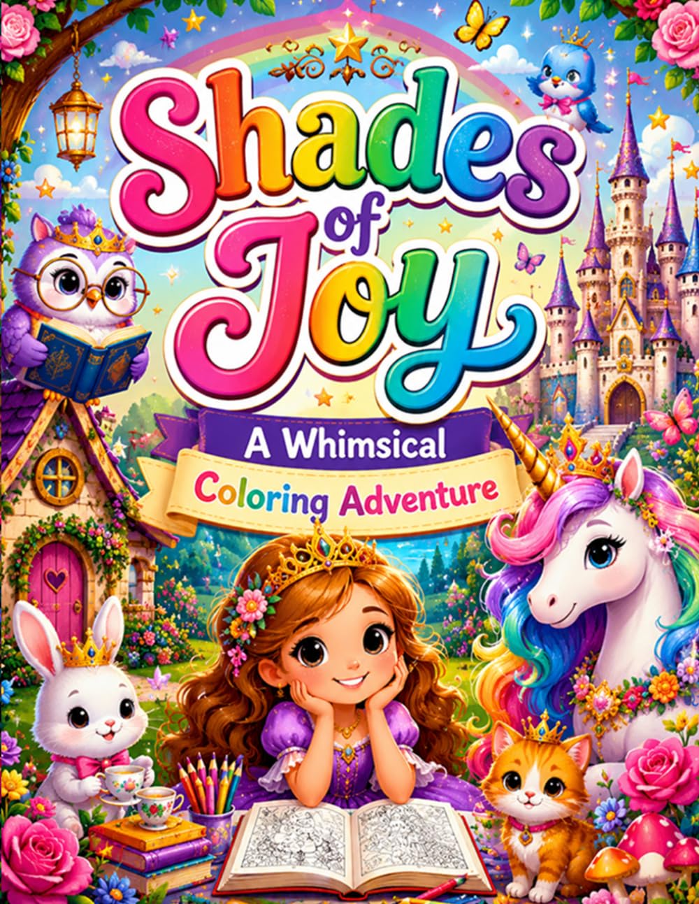 Shades of Joy A Whimsical Coloring Adventure: A Magical Coloring Journey Filled with Cute Fantasy Friends Cozy Castles Enchanted Gardens and Relaxing Whimsical Scenes
