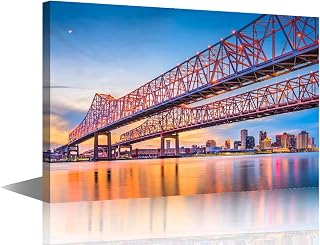 TUMOVO Mississippi River Pictures - New Orleans Cityscape Painting Print on Canvas USA at Crescent City Connection Bridge Artwork for Modern Home Stretched and Frame Ready to Hang, 24" Wx36 H