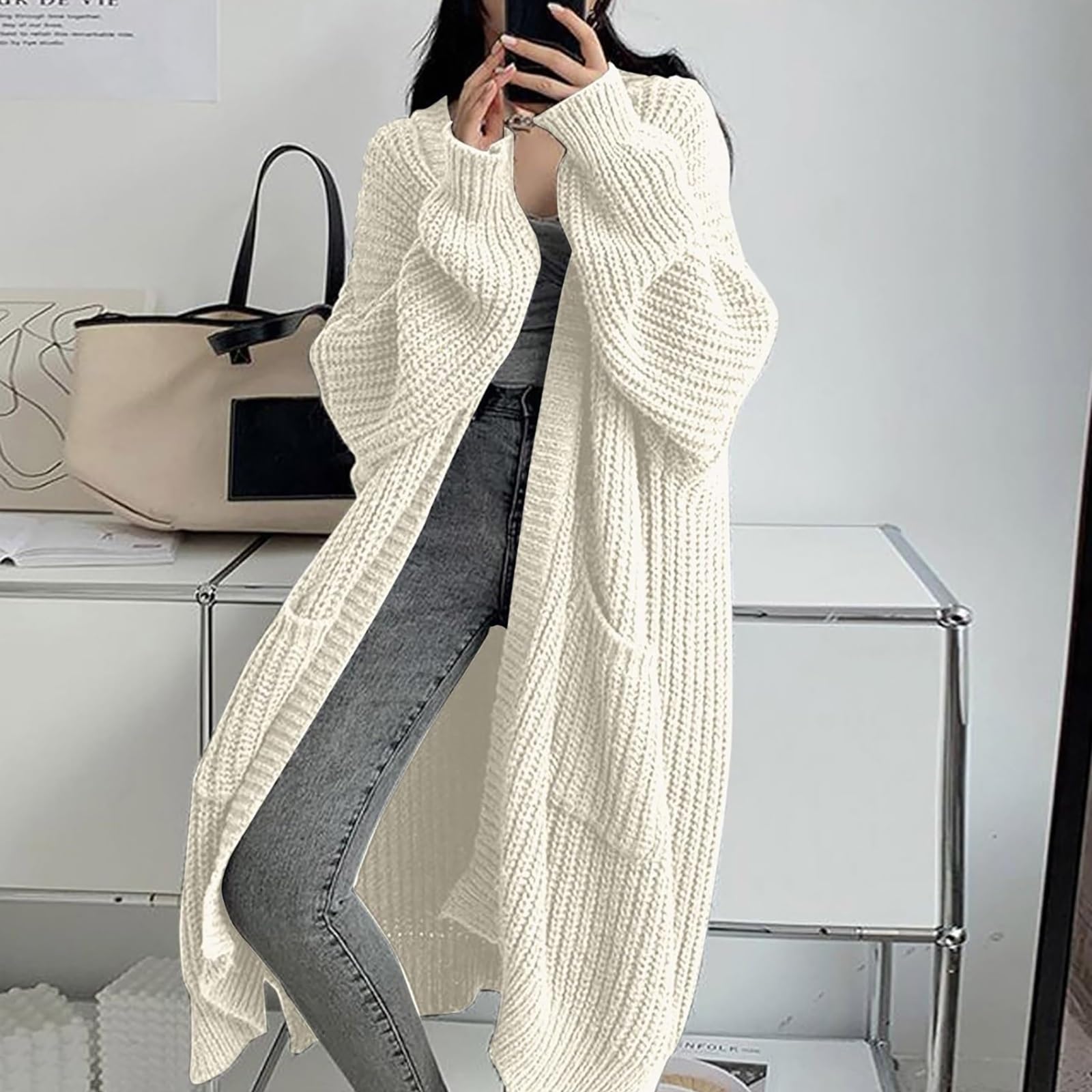 Długi Oversize Kardigan z Grubej Dzianiny Damski Jesienny Gruby Sweter Luźny Płaszcz Dzianinowy Miękki i Puszysty Kardigan z Kieszeniami(White,Medium)
