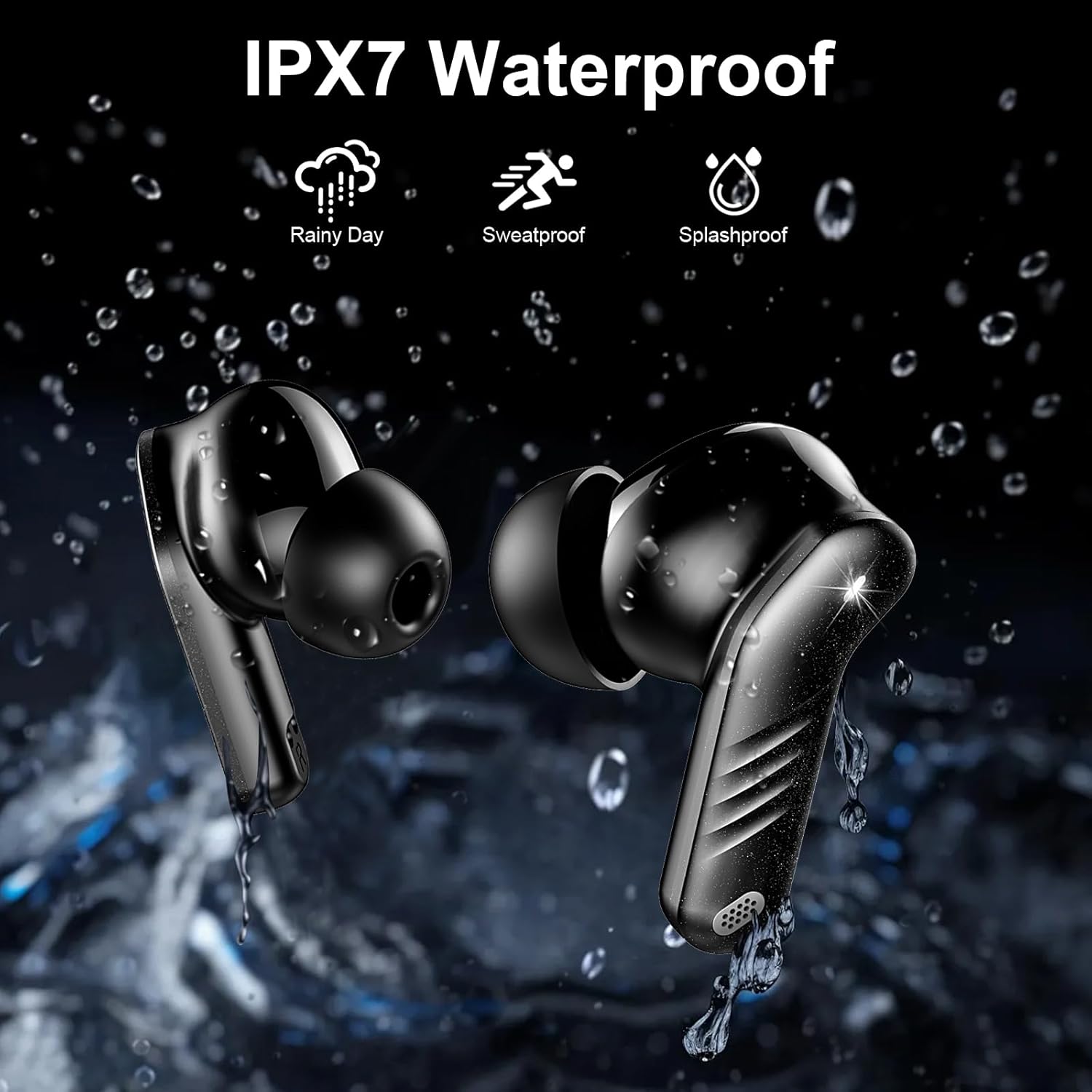 Earbuds being splashed with water, demonstrating IPX7 waterproof rating.