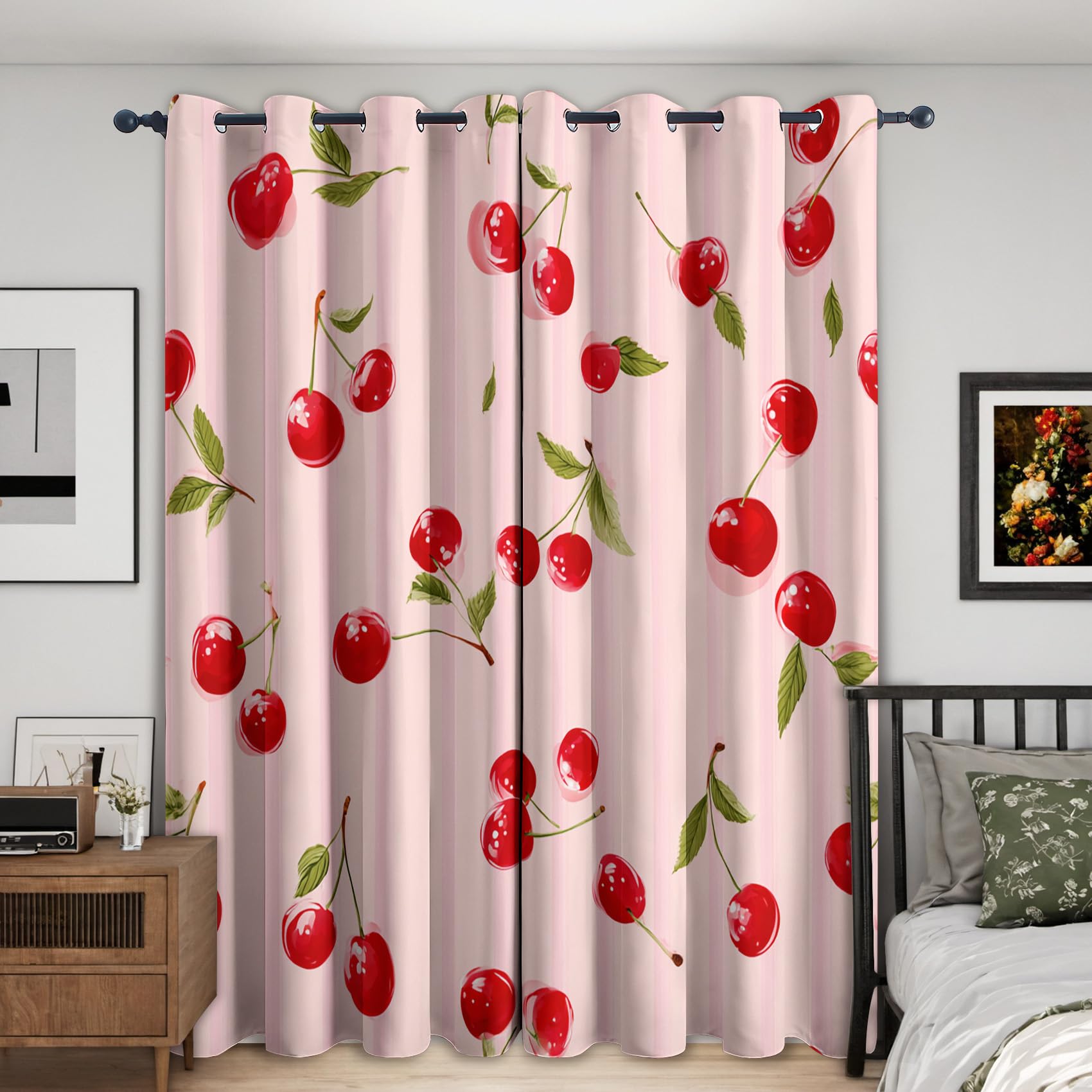 Générique Rideau Occultant Cerise Rouge, 140 x 220 (LxH) 2 Pieces, Opaque 95%, Motif Fruit, Rideaux Fenetre Thermiques à Oeillets, Decoration Maison Salon Chambre CMC262