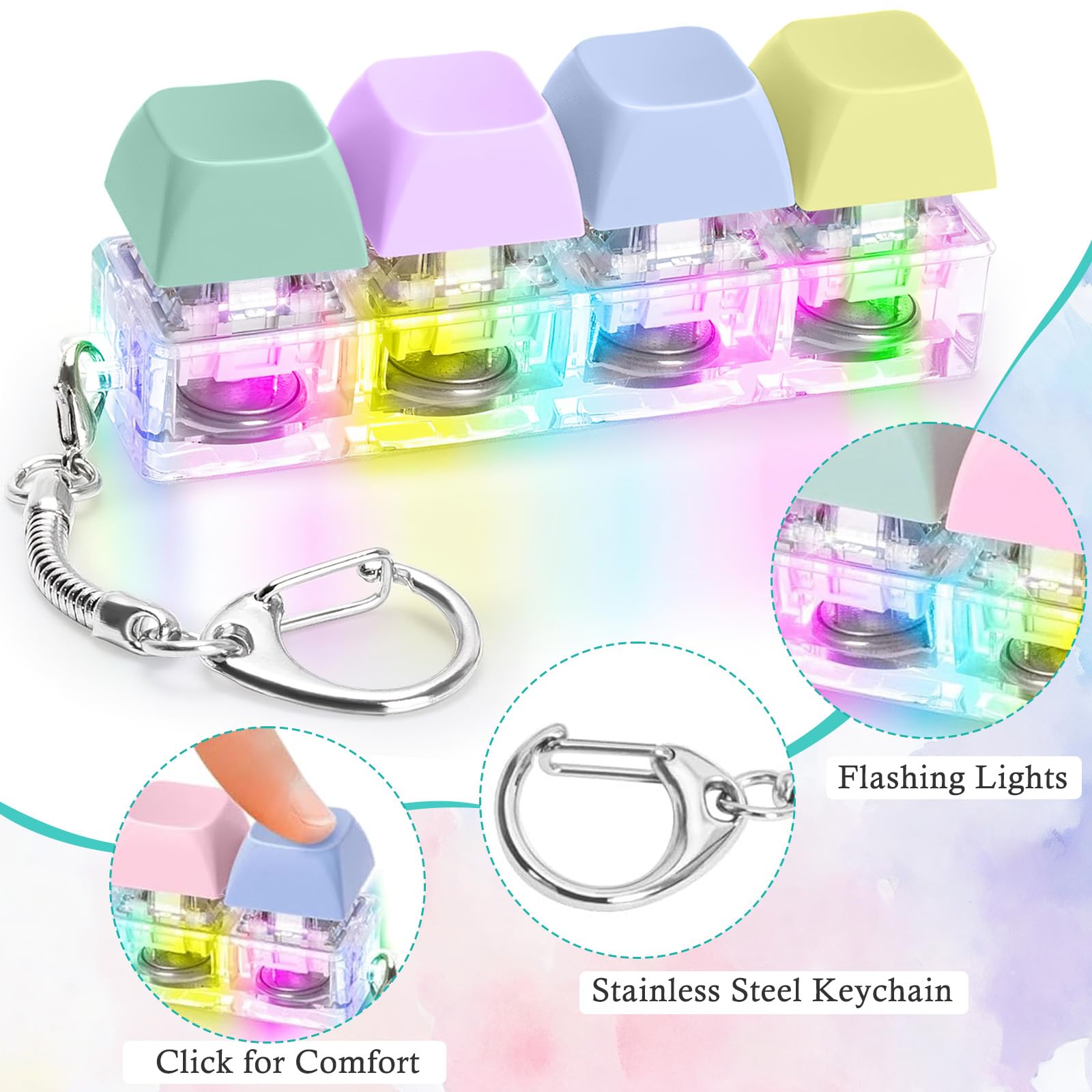 CoolShef Keyboard Fidget Toys Keychain - Stress Relief Fidget Clicker with Keyboard Key Sounds, Portable Fidget Toy for Focus & Anxiety Relief, Includes 4 Extra Replaceable Keycaps 1