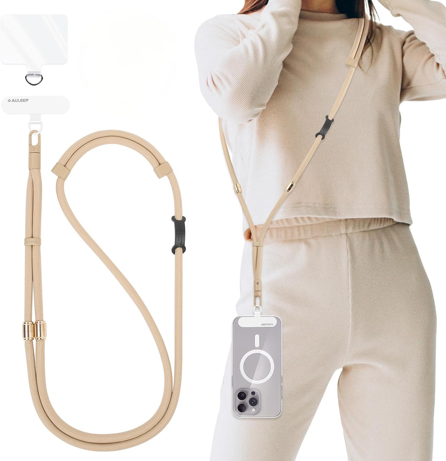 AULEEP 3-in-1 Cell Phone Lanyard with 2 Phone Tabs, Adjustable Anti Theft Crossbody Strap/Phone Wrist Strap/Neck Lanyard, Compatible with Most Smartphones, Hands-Free Work/Travel Essentials, Camel