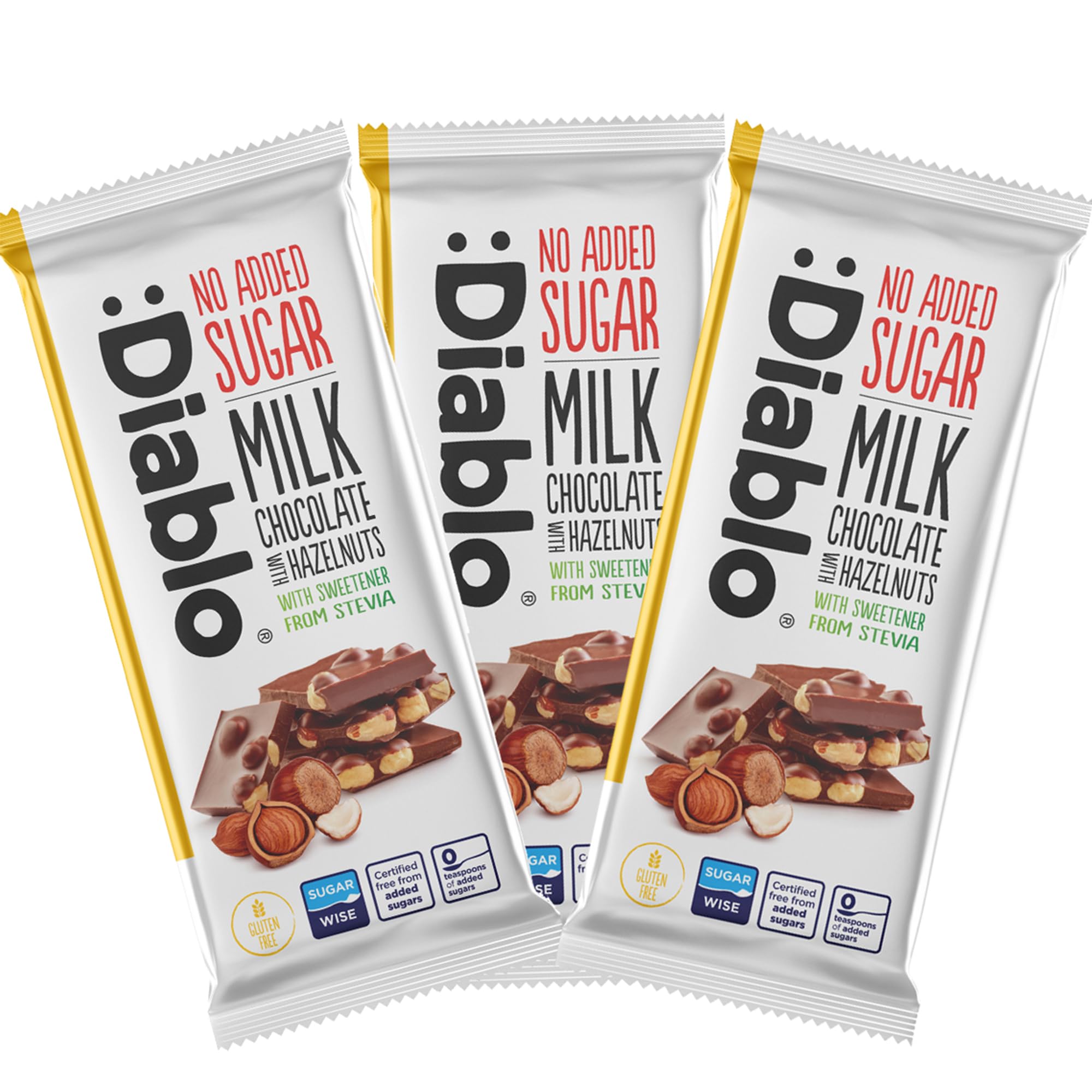Diablo No Added Sugar Milk Chocolate with Hazelnuts – No Added Sugar Chocolate Bar, Sweetened with Stevia, Gluten Free, Ideal for Any Occasion, Birthdays, Valentines, or Gift Hampers, 75g (Pack of 3)