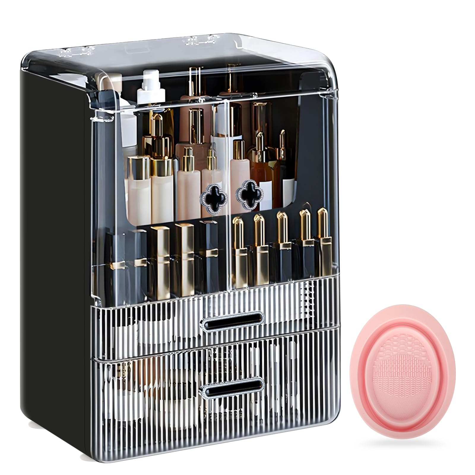 Make Up Organizer Kosmetik Aufbewahrung mit Deckel Schubladen Dustproof Cosmetic Schmink Organizer Beauty Box Hohe Groß Kapazität für Schlafzimmer Badezimmer Schminktisch Schwarz1