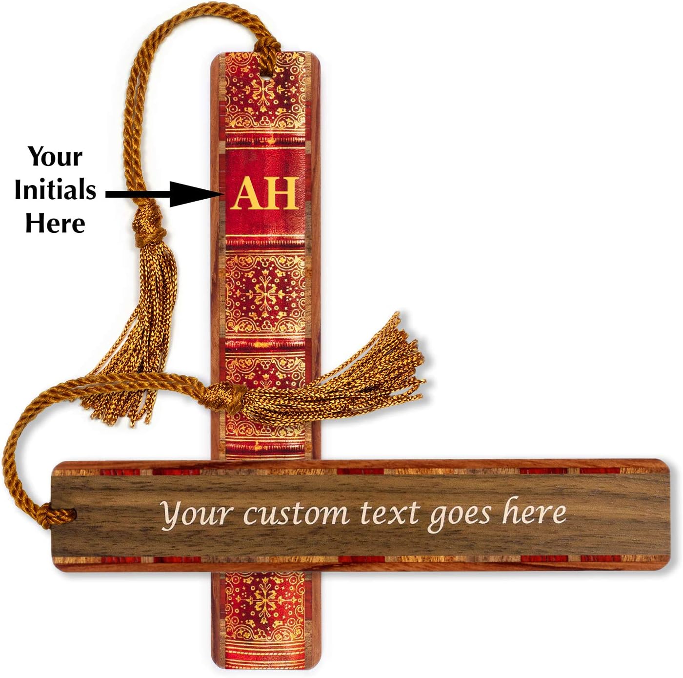 ​Personalized Monogram Initials and Custom Message Walnut Wood Bookmark – Double-Sided – Handmade in USA