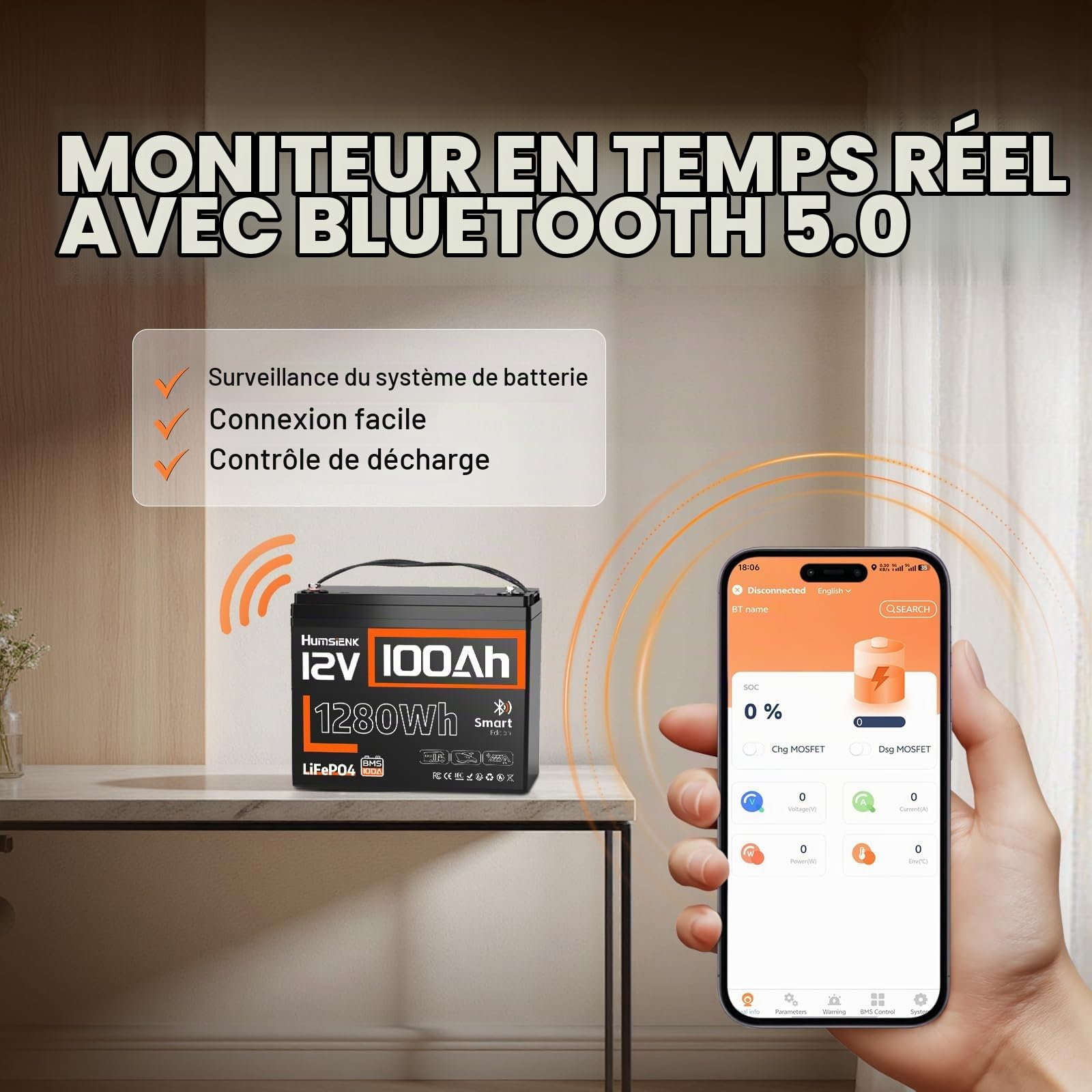 Humsienk Bluetooth Batterie Lithium 12V 100Ah LiFePO4, BMS 100A Amélioré, 1280Wh, 15000 Cycles, Compacte et Légère, Remplace AGM, Idéale pour Camping-Car, Caravane, Bateau, Solaire et Camping