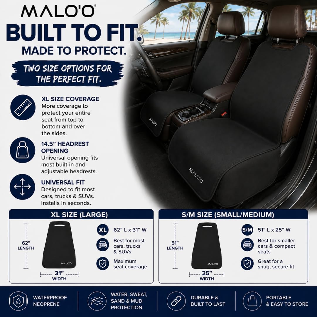 Malo’o SeatGuard Waterproof Neoprene Seat Cover – Universal Fit Car Seat Protector with Headrest Opening, Durable & Heavy Duty – XL (62”x31”) or S/M (51”x25”)