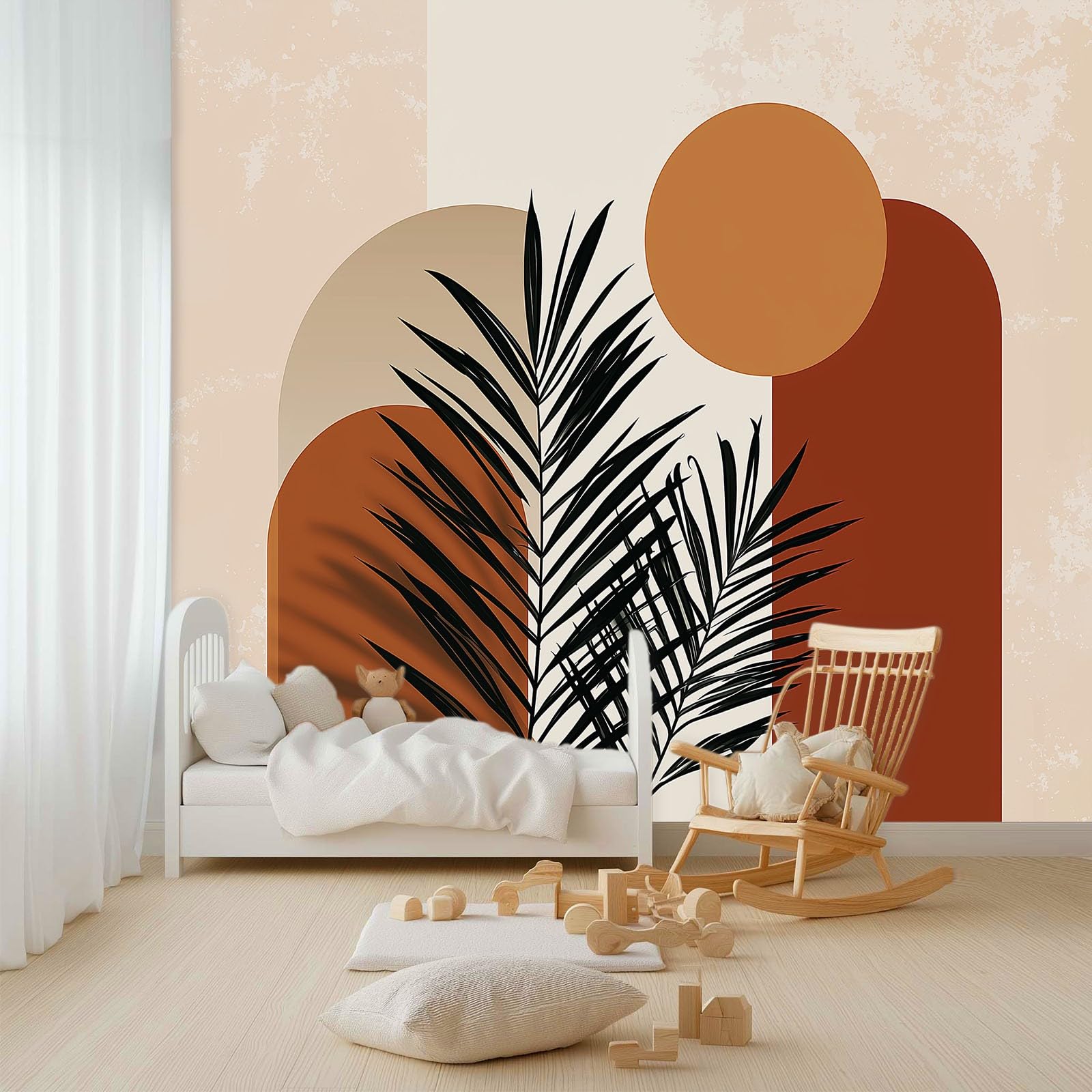 Panoramiczna tapeta 200 x 140 cm geometria rośliny liście palmowe włóknina XXL fototapeta dekoracja ścienna gobelin salon sypialnia - tapeta Trompe l'eil efekt 3D, terakota