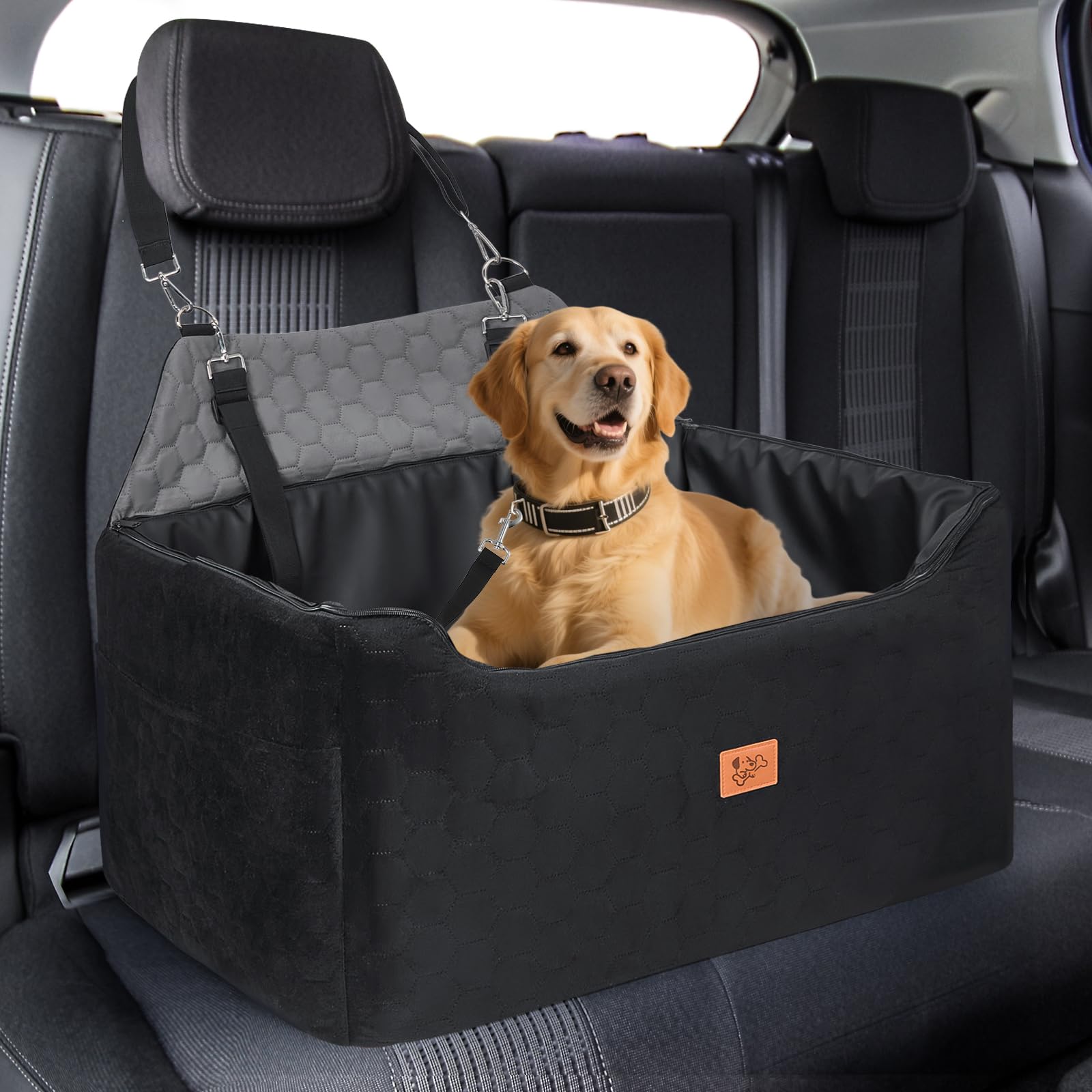 Dog Car Seat 78 x 55 x 53 cm, Removable and Washable for Medium and Large, Includes Leash for Large and Heavy Dogs (with Waterproof Leather Cover)