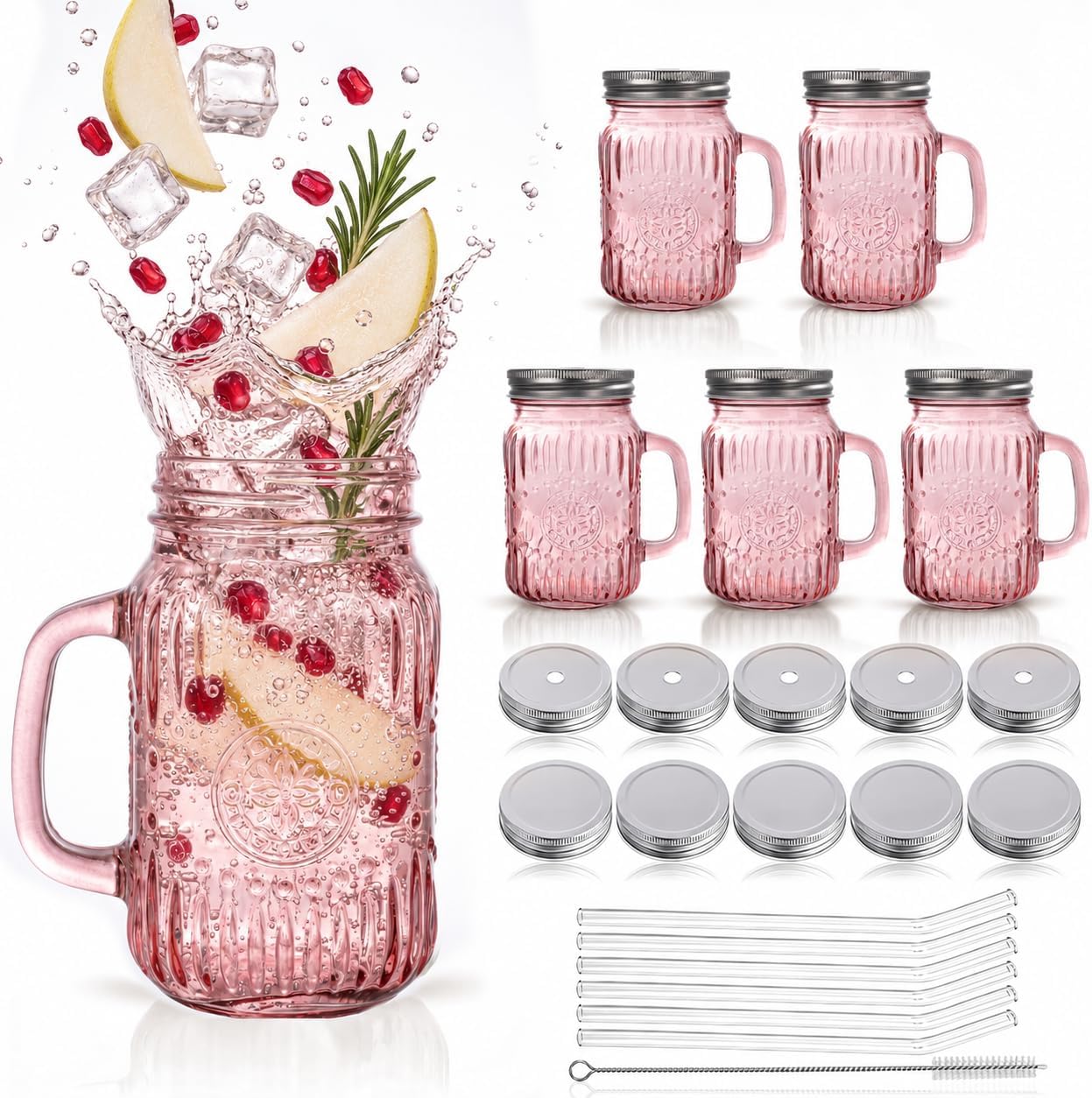 DaYammi 16 oz Mason Jars with Lids and Straws, 6 Pack Pink Vintage Drinking Glasses, Leak Proof Iced Coffee Cups for Daily Use & Party