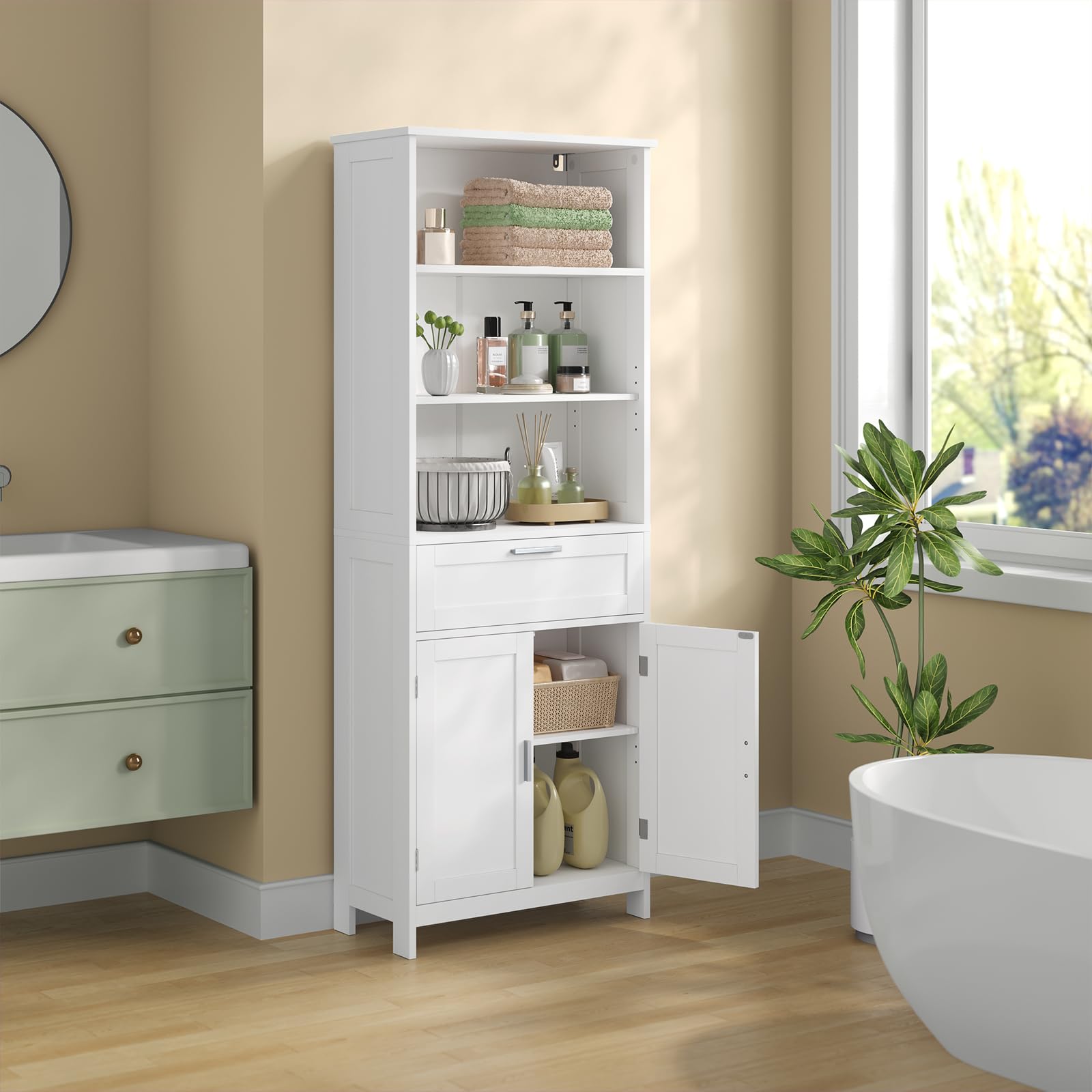 eSituro Badezimmerschrank, Badschrank Hochschrank, Aufbewahrungsschrank mit 2 Türen, 3 offenem Ebenen und 1 Schublade, Mehrzweckschrank für Badezimmer Büro Küchen Wohnzimmer, 60 x 160 x 30 cm, Weiß