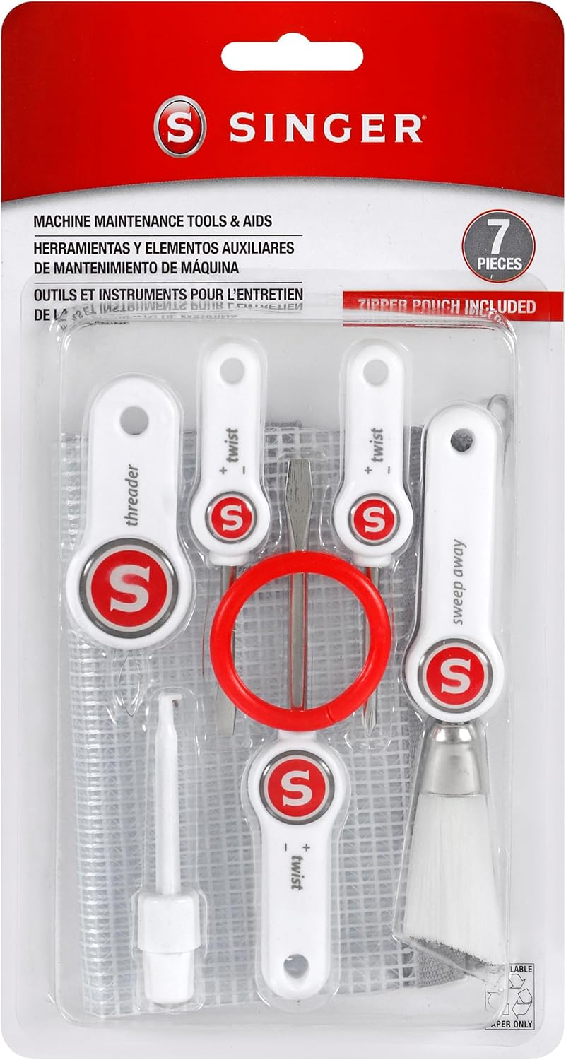 SINGER Sewing Machine Maintenance Kit - Tool Set with Needle Inserter, Angled Lint Brush, Set of 3 Screwdrivers, Needle Threader - Universal Compatibility & Storage Pouch Included, 7pc