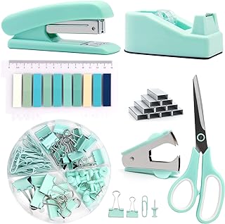 Green Office Supplies,UPIHO Teal Desk Accessories,Stapler and Tape Dispenser Set for Women with Stapler,Tape Dispenser,Sta...