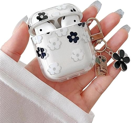 Miniatura 1 de MINSCOSE Funda transparente compatible con AirPods 12, bonito diseño de flores de dibujos animados con llavero floral, funda protectora de TPU suave