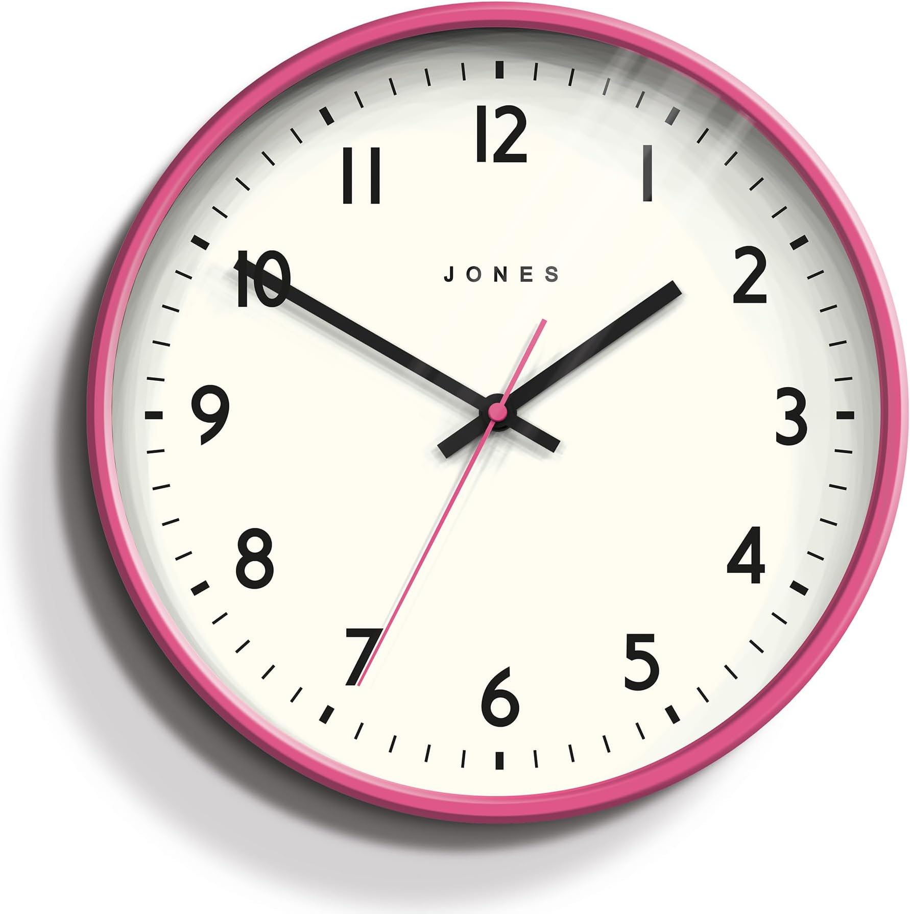 JONES CLOCKS® Round Studio Wall Clock - Round Clock - Modern Clock - Design Clock - Kitchen Clock - Living Room Clock - Desk Clock - Contemporary Design - 30cm Hot Pink
