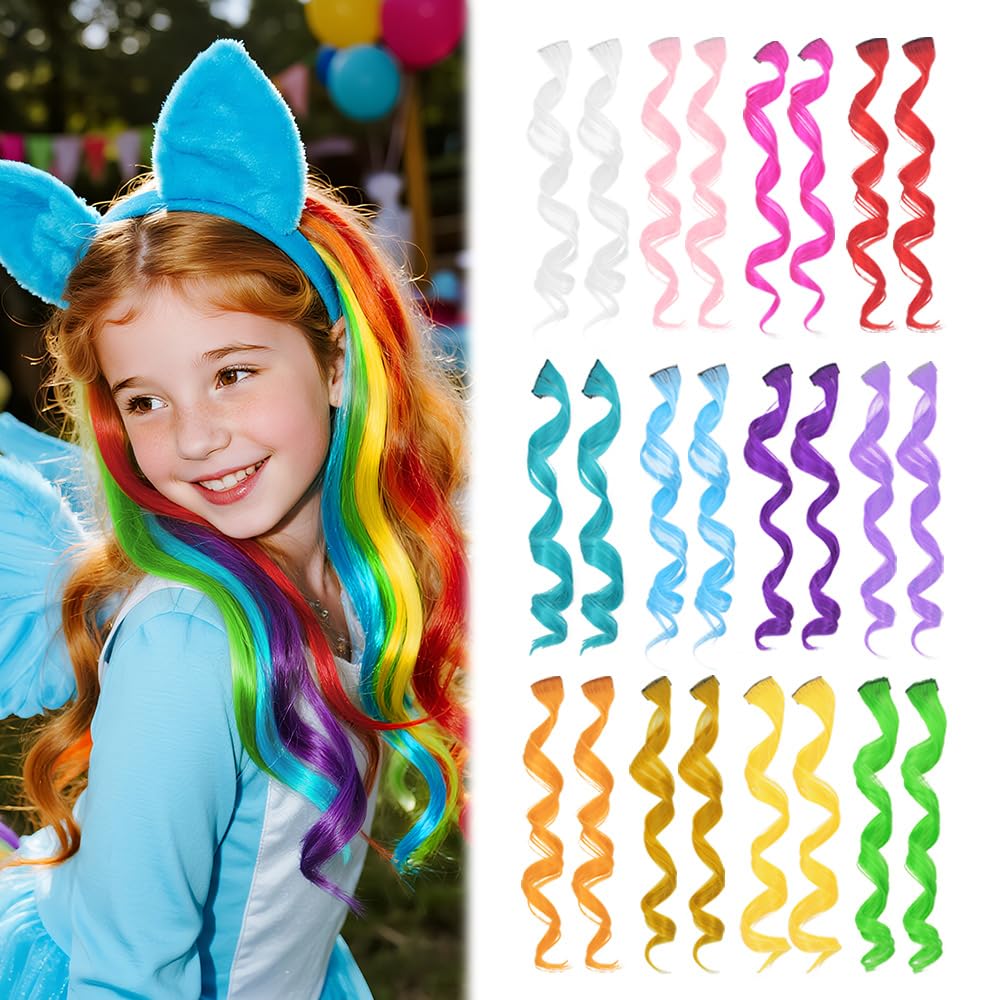 Colored Hair Extensions for Kids, Crazy Hair Day Accessories for Girls, 24 Pieces