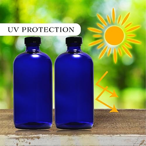 Miniatura 2 de Botellas de vidrio azul de 16 onzas con tapas reutilizables (paquete de 2), botella de almacenamiento Boston, dispensación para extracto de vainilla
