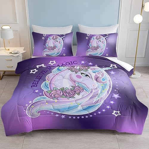 SOULZZZ Juego de edredón de unicornio morado, tamaño California King, lindo juego de ropa de cama de unicornio de dibujos animados para niñas con 2