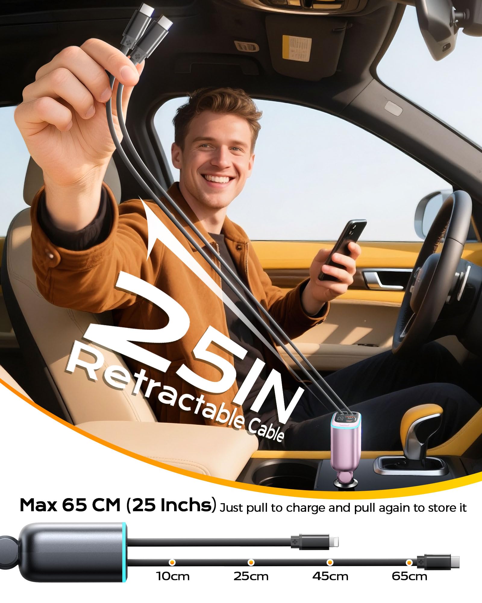 Caricabatteria da auto per iPhone con 2 cavi USB C retrattili - Rosa