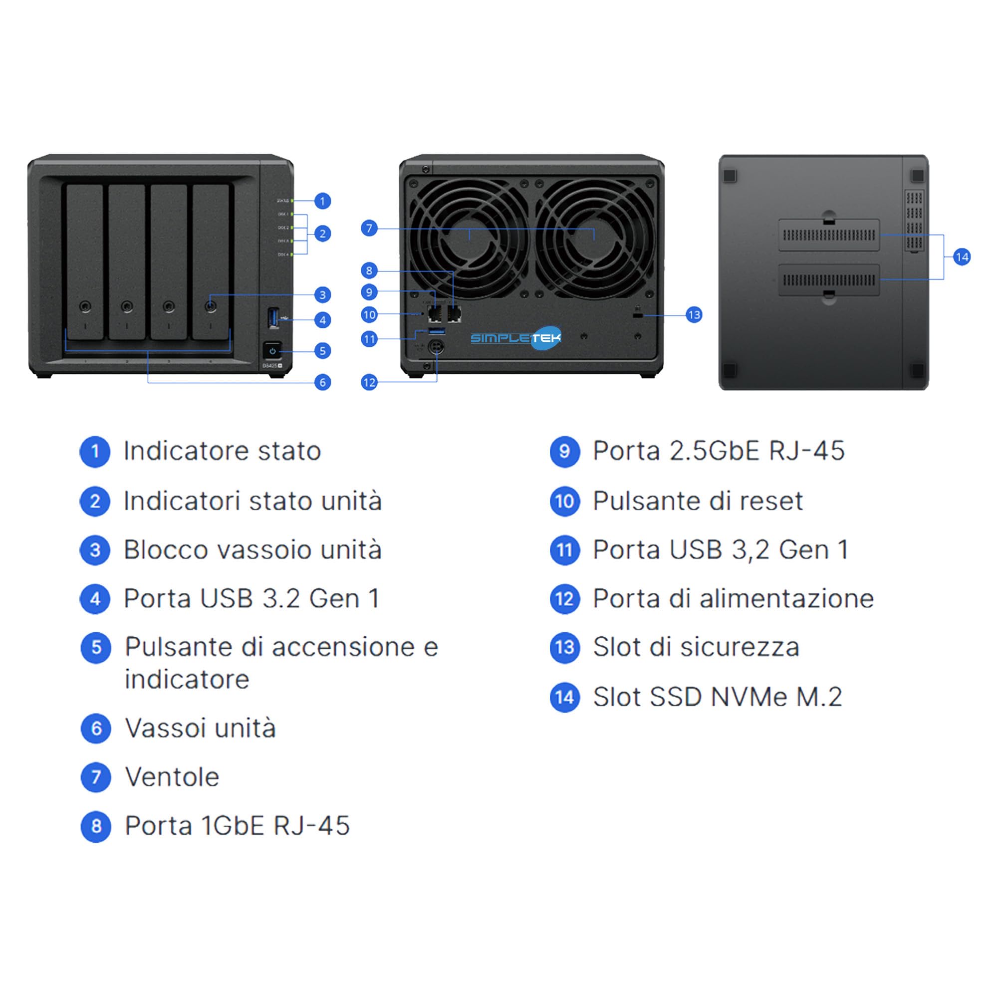 SIMPLETEK - Server NAS 4 Vani 4x120GB HDD 2GB RAM 2.5GbE (Ricondizionato) | Server NAS di archiviazione a 4 vani con 4 HDD da 120GB inclusi, 2GB RAM, LAN 2.5 GbE e slot NVMe per uso casa e ufficio.
