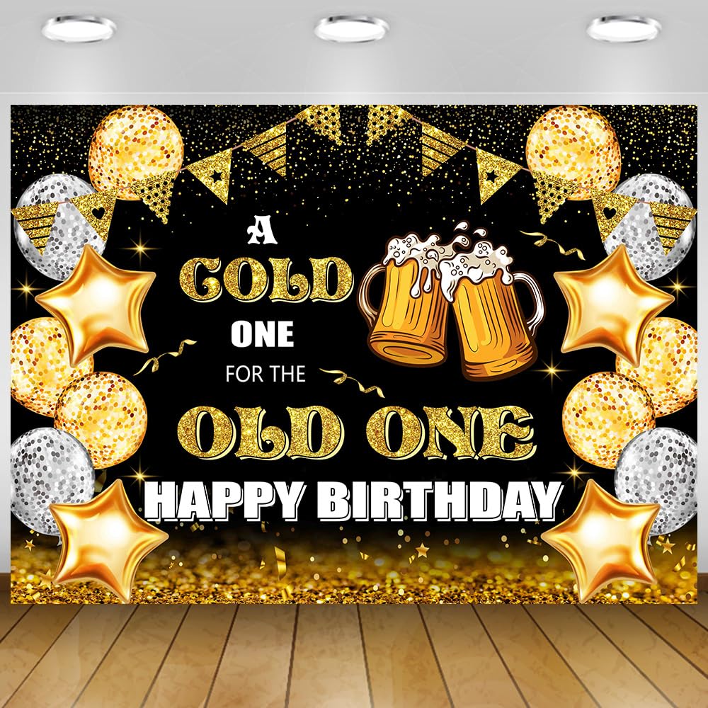 Happy Birthday Backdrop for Men A Cold One for The Old One Birthday Party Decorations Gold Stars Balloons Birthday Photo Background Beer Party Decoration Cake Table Banner Photo Studio Props 6x4Ft
