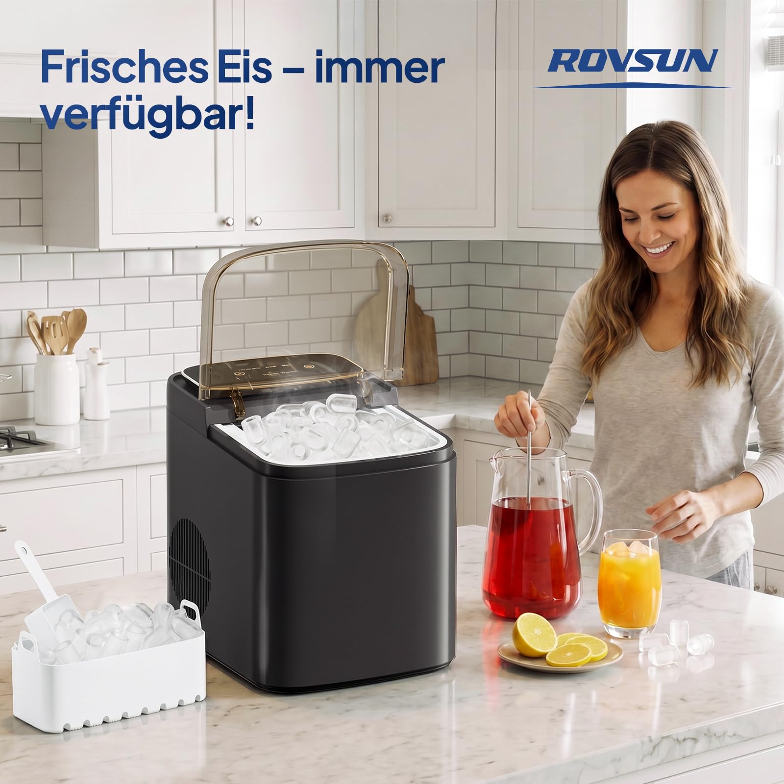 ROVSUN Eiswürfelmaschine Selbstreinigend 12 kg/24 h, 9 Kegeleis in 6-10 Minuten, Eiswürfelbereiter mit Eiswürfeln von 2 Größen Ice Maker 1,2-Liter-Wassertank & 0,5-kg-Eiskorb
