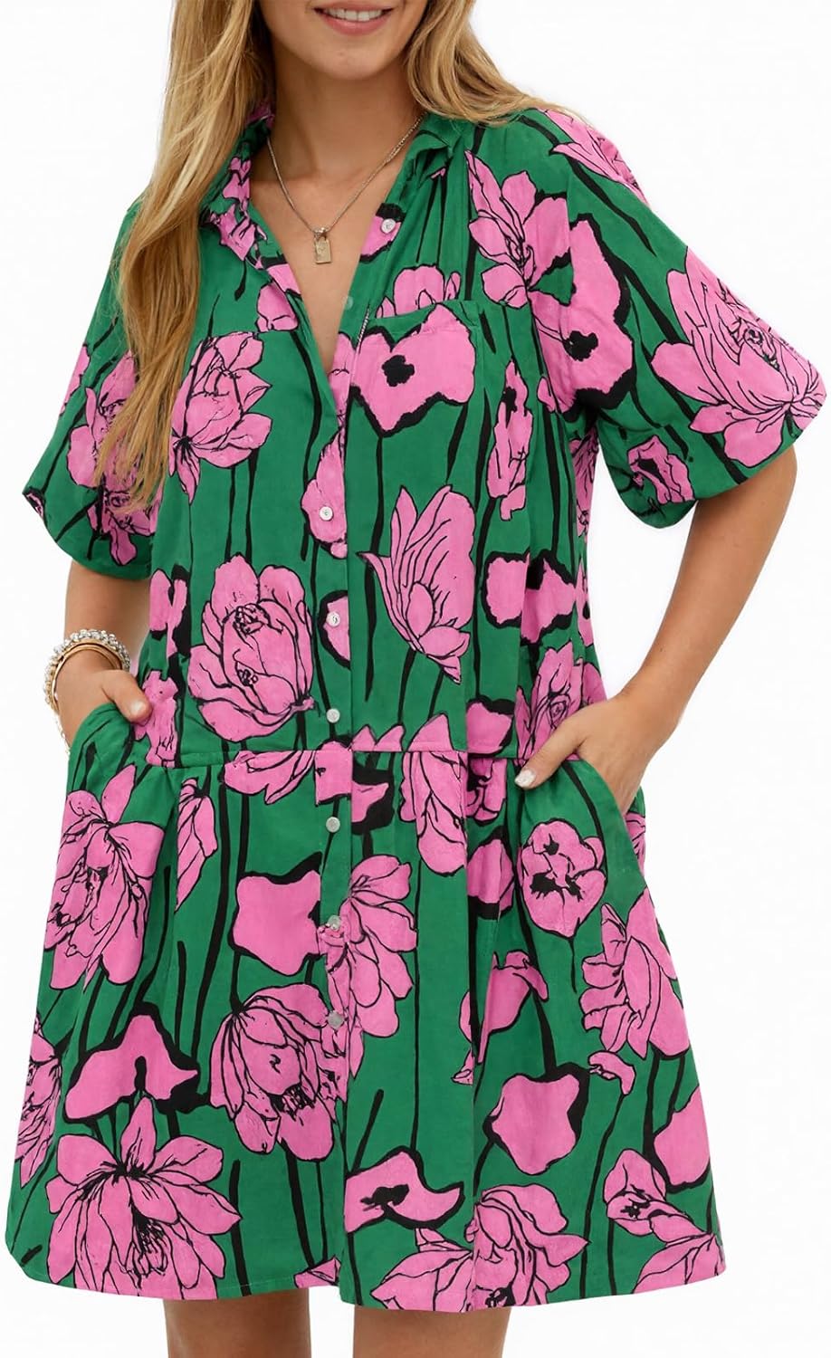 Women's Summer Button Down Shirt Dress Floral Puff Short Sleeve Casual Loose Fit Beach Mini Dresses - Image 3