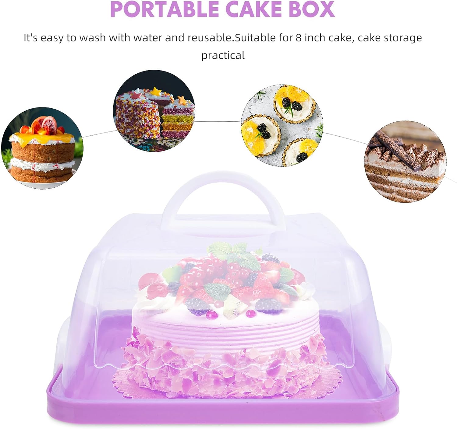 Portable 8-inch Plastic Cake Carrier with Lid and Handle, Thick Purple Cake Packing Box for Birthday and Outdoor Use